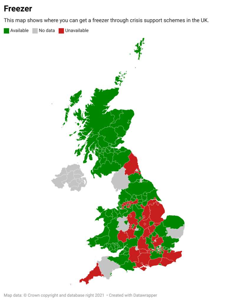 Map showing local authorities that provide freezers through their local welfare scheme